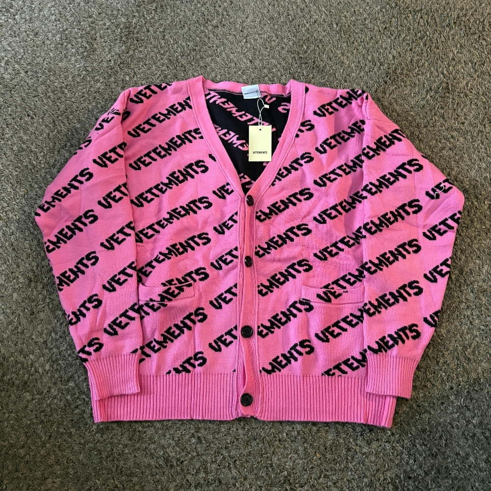 VETEMENTS Pink and Black Allover Logo Cardigan